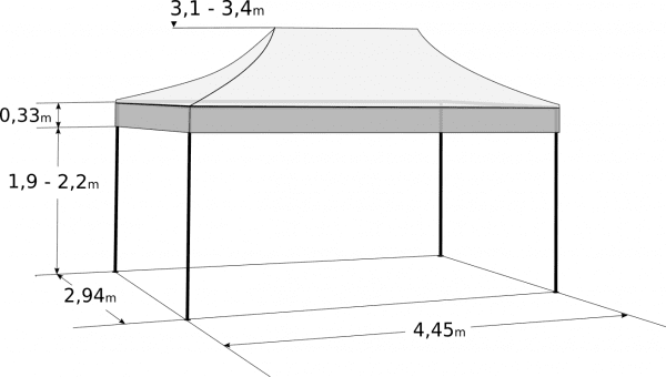 Faltzelt 3x4,5 m - Profi-Hexagonkonstruktion aus Aluminium: Abmessungen und Parameter