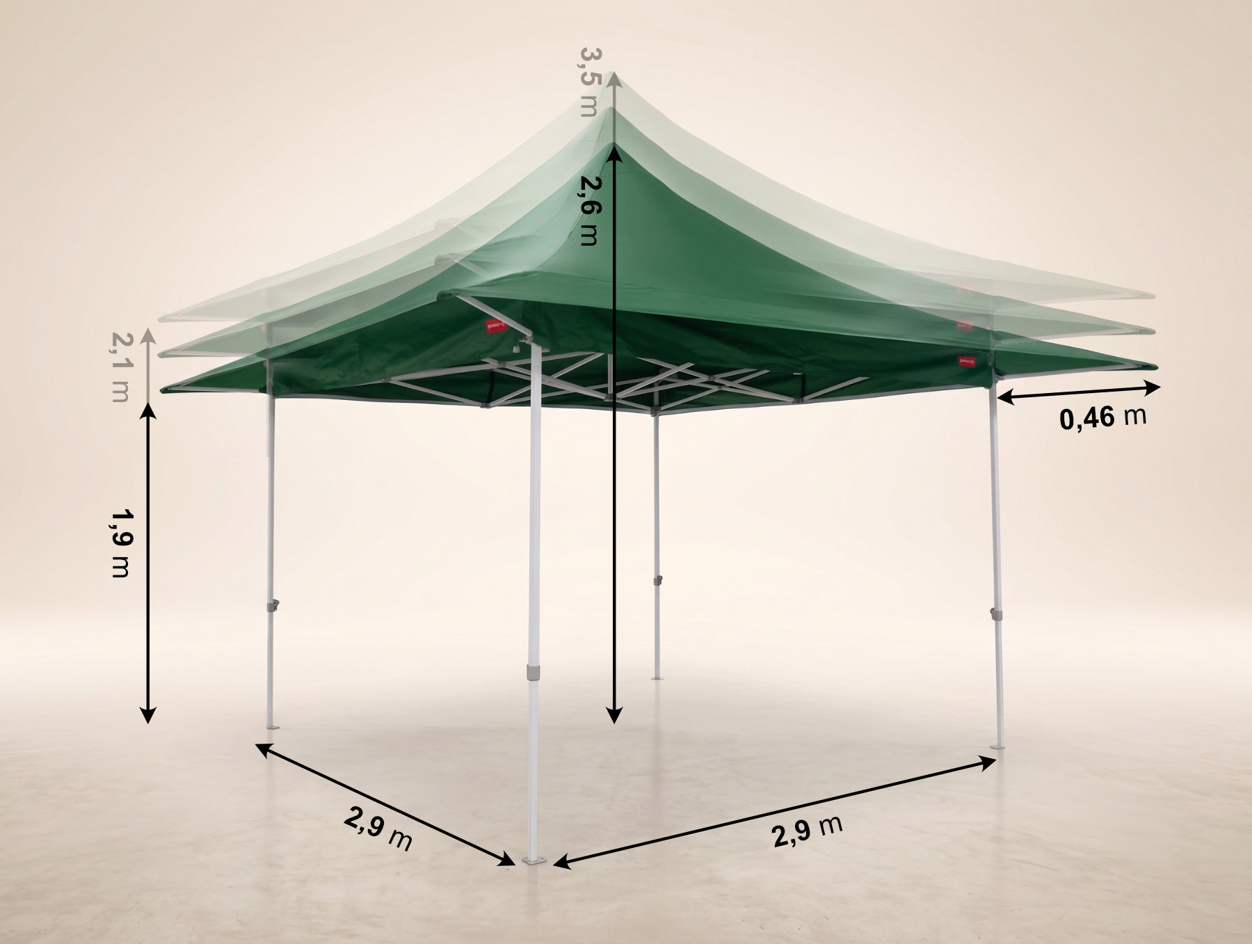 Abmessungen des 3×3 Stahlpavillons mit Dach