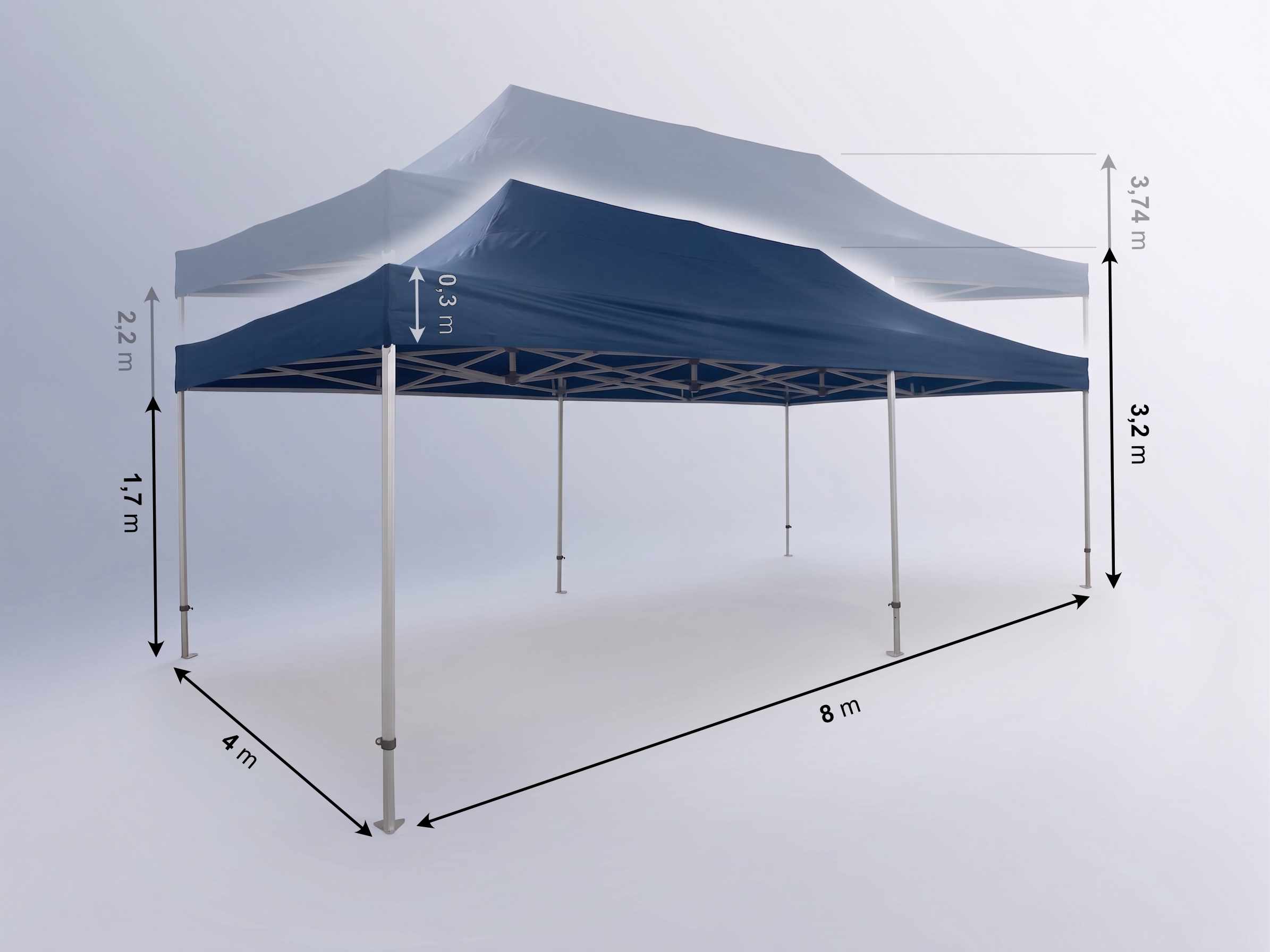 Abmessungen des professionellen Faltzeltes 8x4